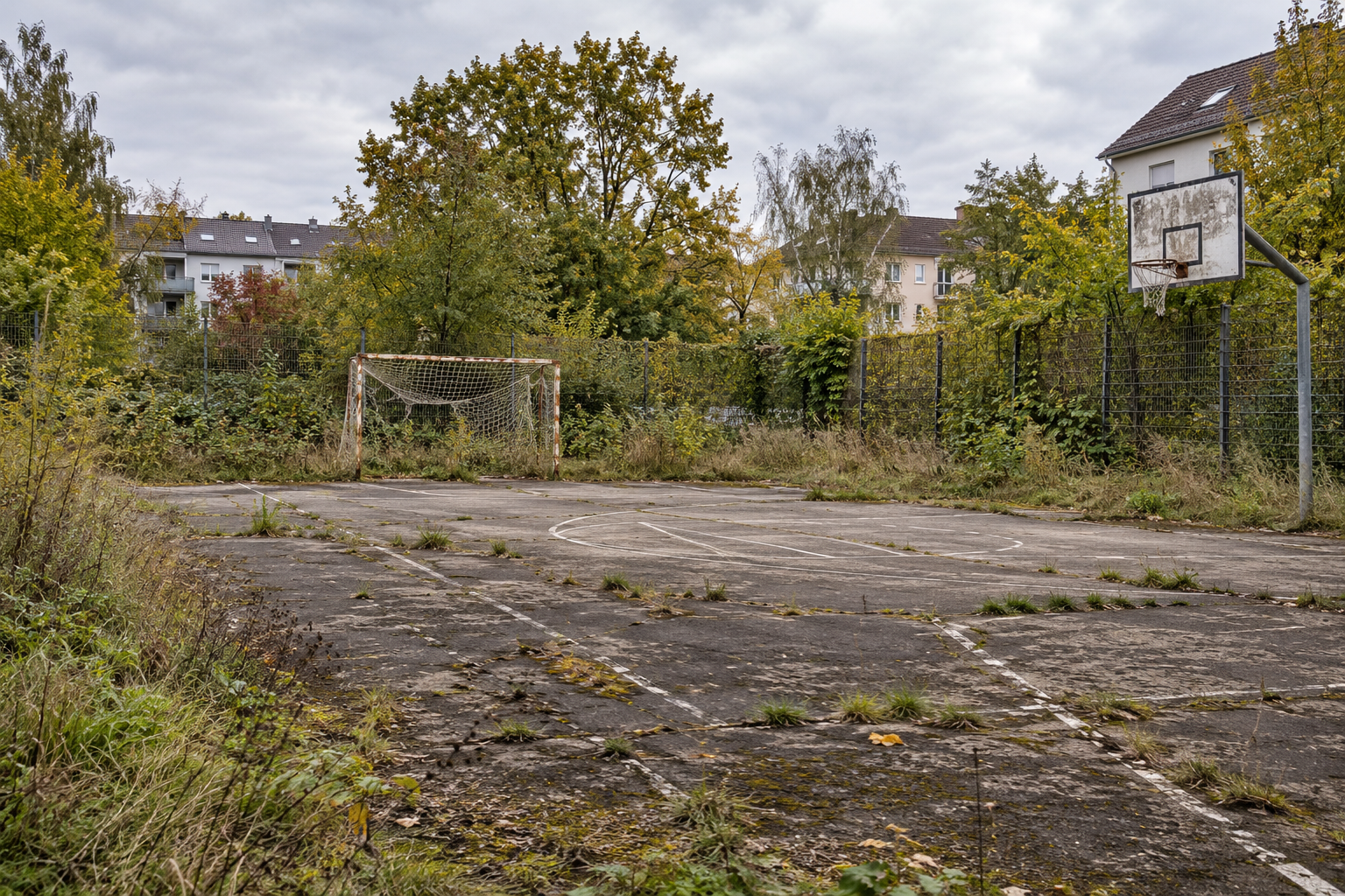 Sanierungsbedürftiger Außen-Sportplatz mit verwittertem Fußballtor, Basketballkorb und überwachsener Spielfläche.
